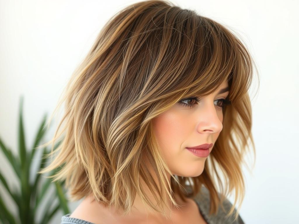 Woman with layered medium length haircut with light, wispy bangs