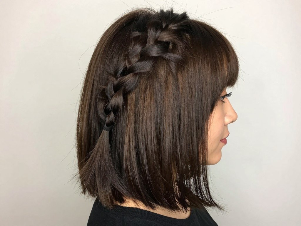 Woman with lob length hair in a half up half down twisted style Woman with lob length hair in a half up half down twisted style