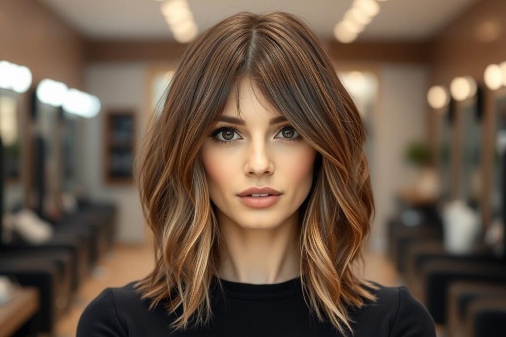 Woman with long face shape showing widening effect of medium length layered haircut