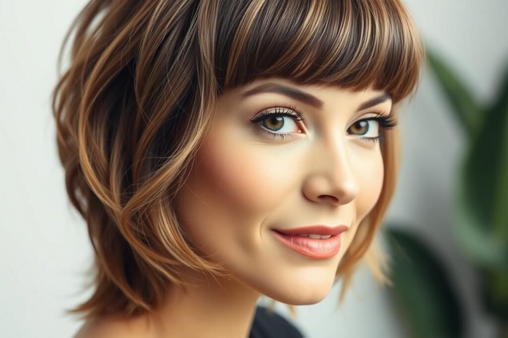 Woman with long face shape sporting a medium length cut with full blunt bangs