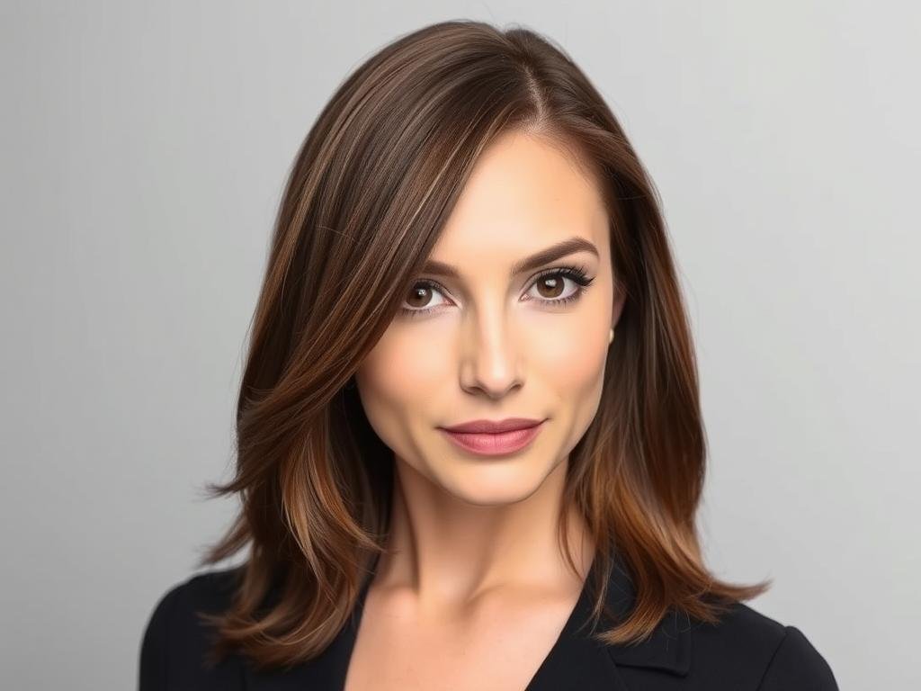 Woman with long layered haircut with blunt ends Woman with long layered haircut with blunt ends