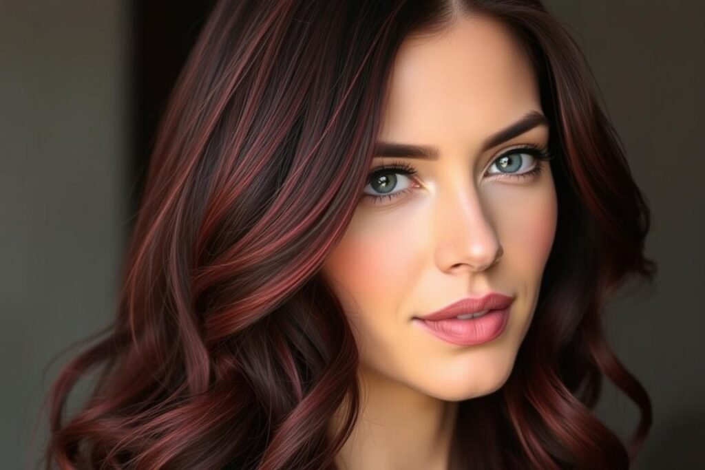 Woman with mahogany brown hair showing rich red undertones Woman with mahogany brown hair showing rich red undertones