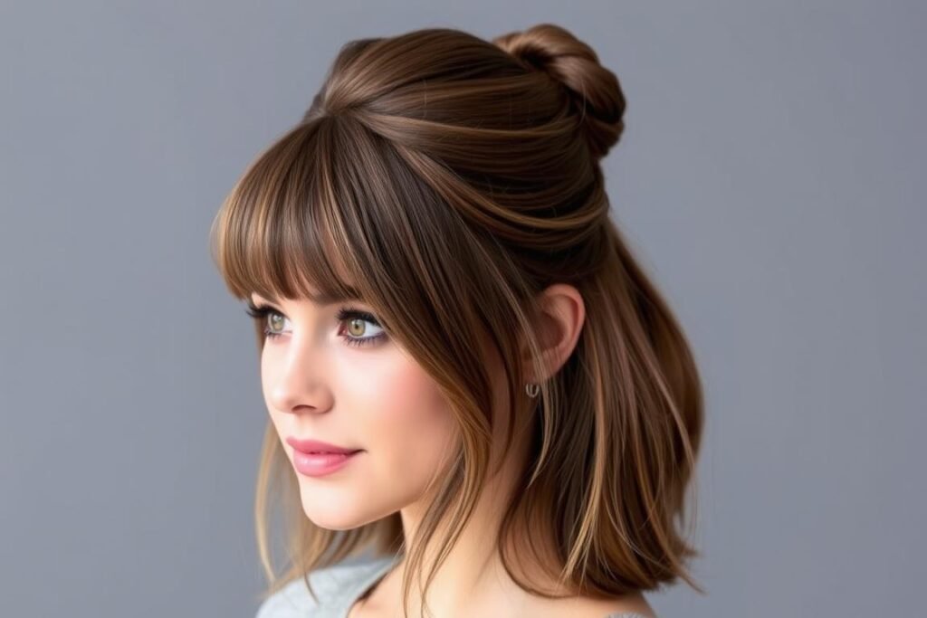 Woman with medium hair in a half-up style with curtain bangs Woman with medium hair in a half-up style with curtain bangs