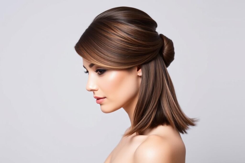 Woman with medium length hair styled in a half-up arrangement Woman with medium length hair styled in a half-up arrangement