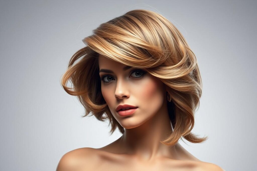 Woman with medium length hair styled in a voluminous blowout Woman with medium length hair styled in a voluminous blowout
