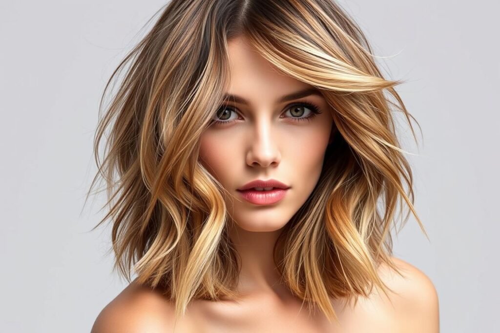 Woman with medium length hair styled in beachy waves Woman with medium length hair styled in beachy waves