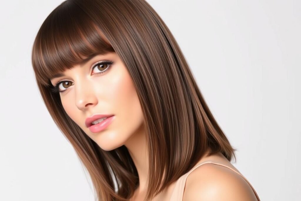 Woman with medium length hair styled sleek and straight Woman with medium length hair styled sleek and straight