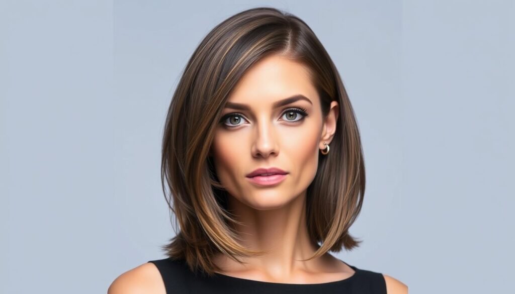 Woman with medium length haircut side part showing volume and face-framing effect
