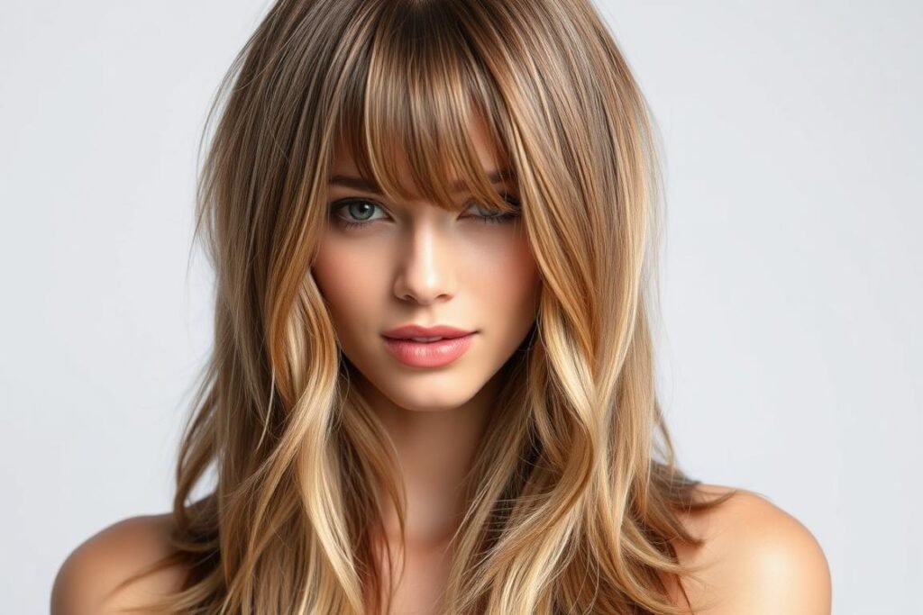 Woman with medium length layered hair and face-framing curtain bangs Woman with medium length layered hair and face-framing curtain bangs