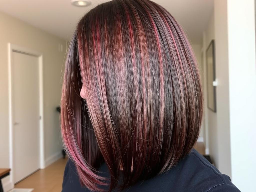Woman with merlot brown hair showing deep brown with wine-red undertones
