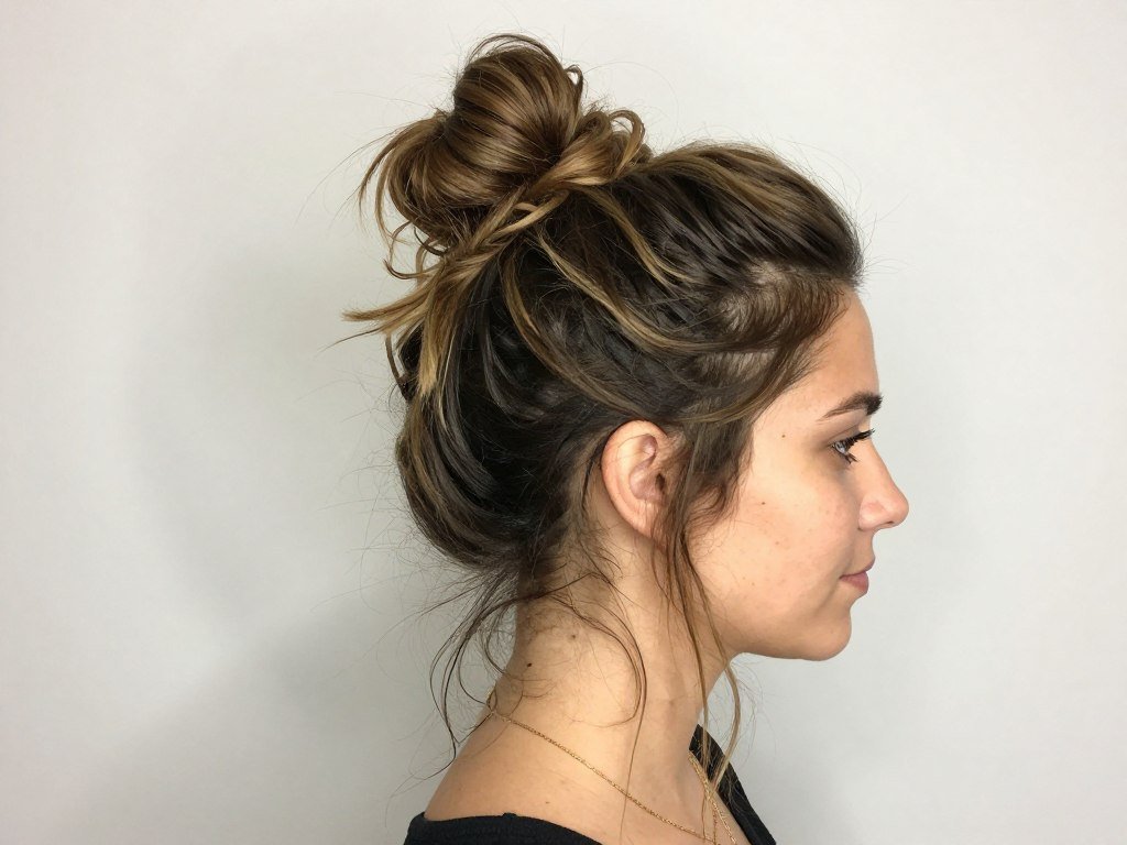 Woman with messy half up bun hairstyle showing relaxed texture