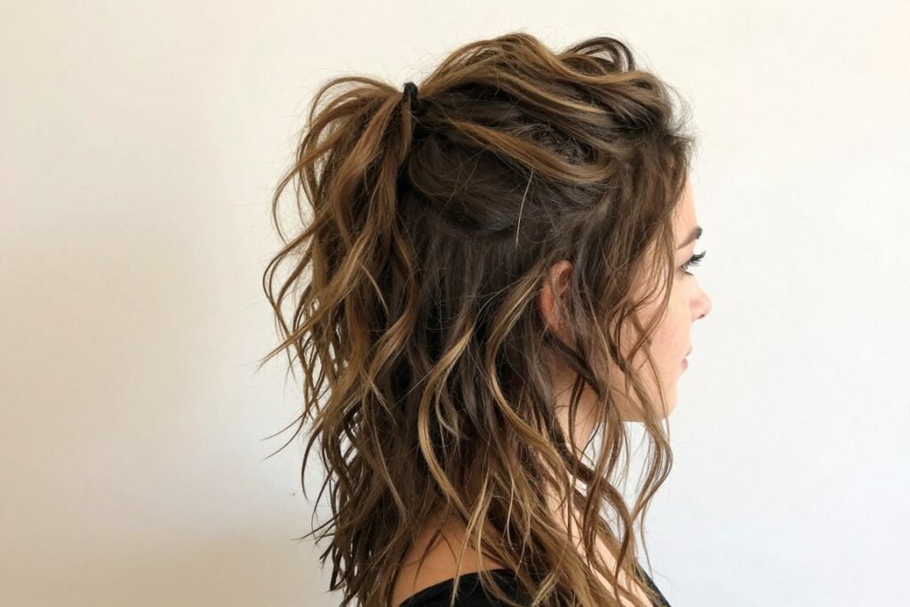 Woman with messy half up half down hairstyle with beach waves