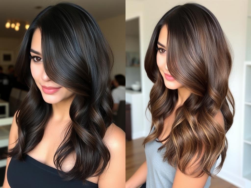 Woman with midnight brown hair that appears different in various lighting