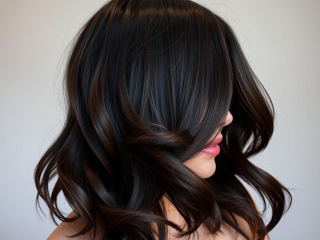 Woman with midnight mocha hair color showing incredible shine Woman with midnight mocha hair color showing incredible shine