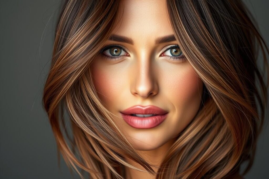 Woman with mocha lowlights showing dimensional brunette hair for summer