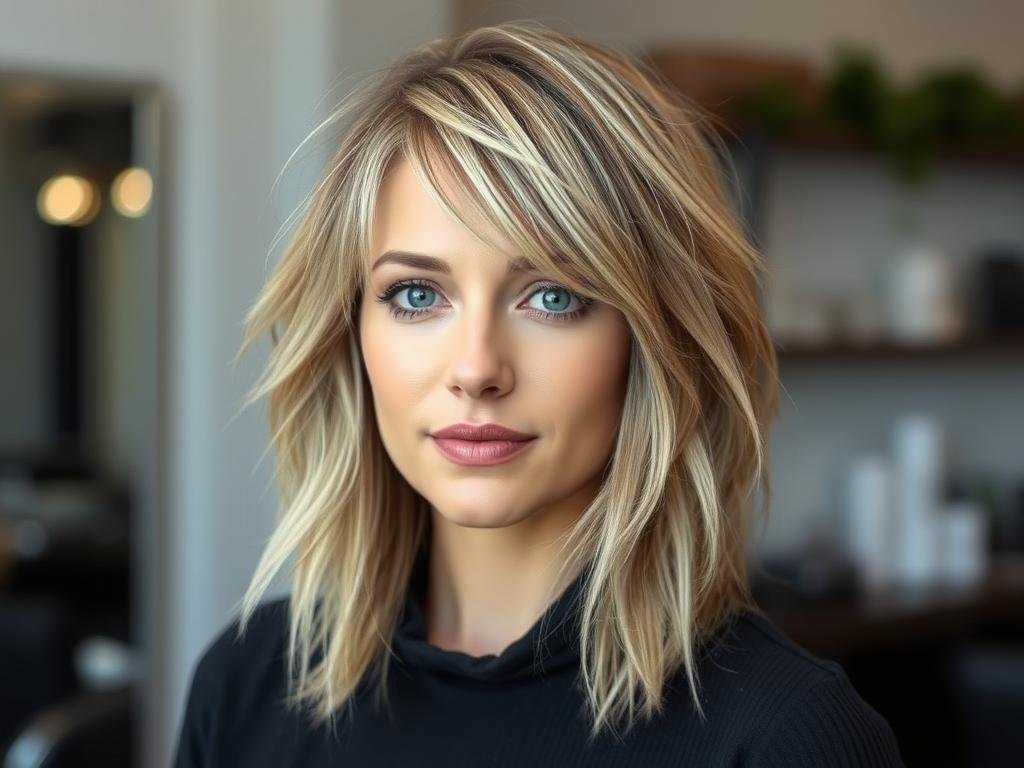 Woman with modern shag haircut for thin fine hair showing layered volume