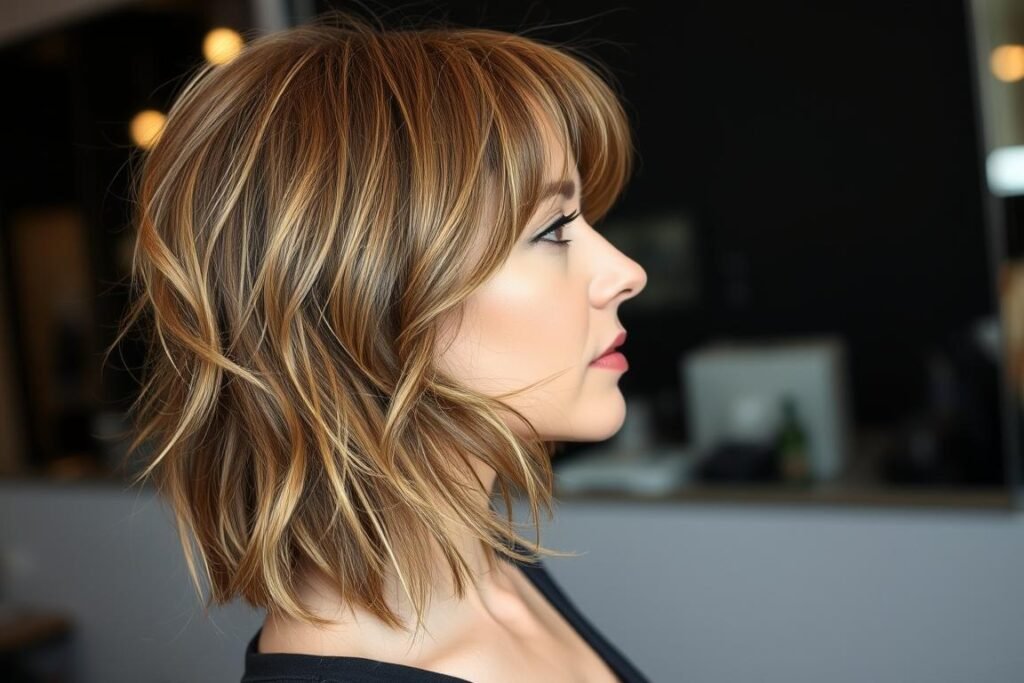 Woman with modern shag medium length layered haircut