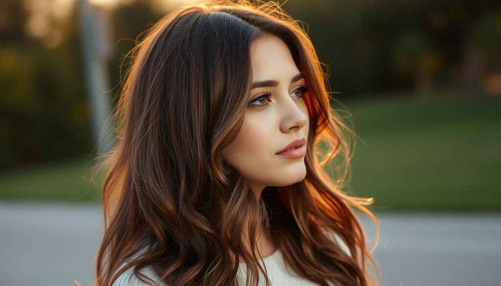 Woman with mushroom brown hair color outdoors in natural light showing the dimension and natural beauty of the shade
