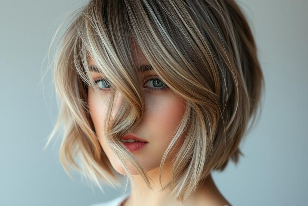 Woman with mushroom brown hair color showing cool, ashy tones for summer