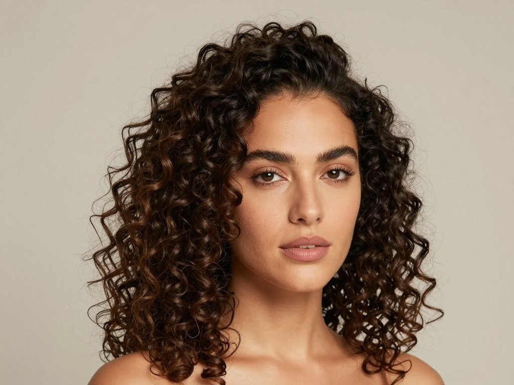 Woman with naturally curly hair styled in a half-up half-down style showing defined curls Woman with naturally curly hair styled in a half-up half-down style showing defined curls