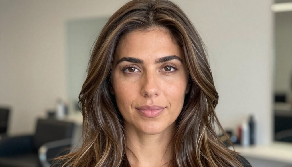 Woman with neutral skin tone and chocolate brown hair with mixed highlight tones Woman with neutral skin tone and chocolate brown hair with mixed highlight tones