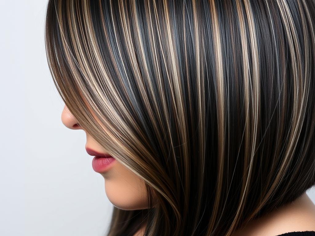 Woman with off-black hair featuring subtle dark brown lowlights for dimension