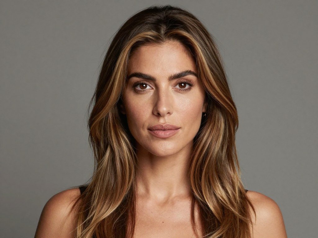 Woman with olive skin tone and light brown hair with caramel highlights