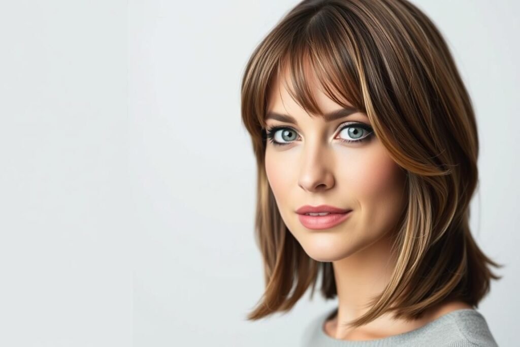 Woman with oval face shape sporting a medium length haircut with curtain bangs