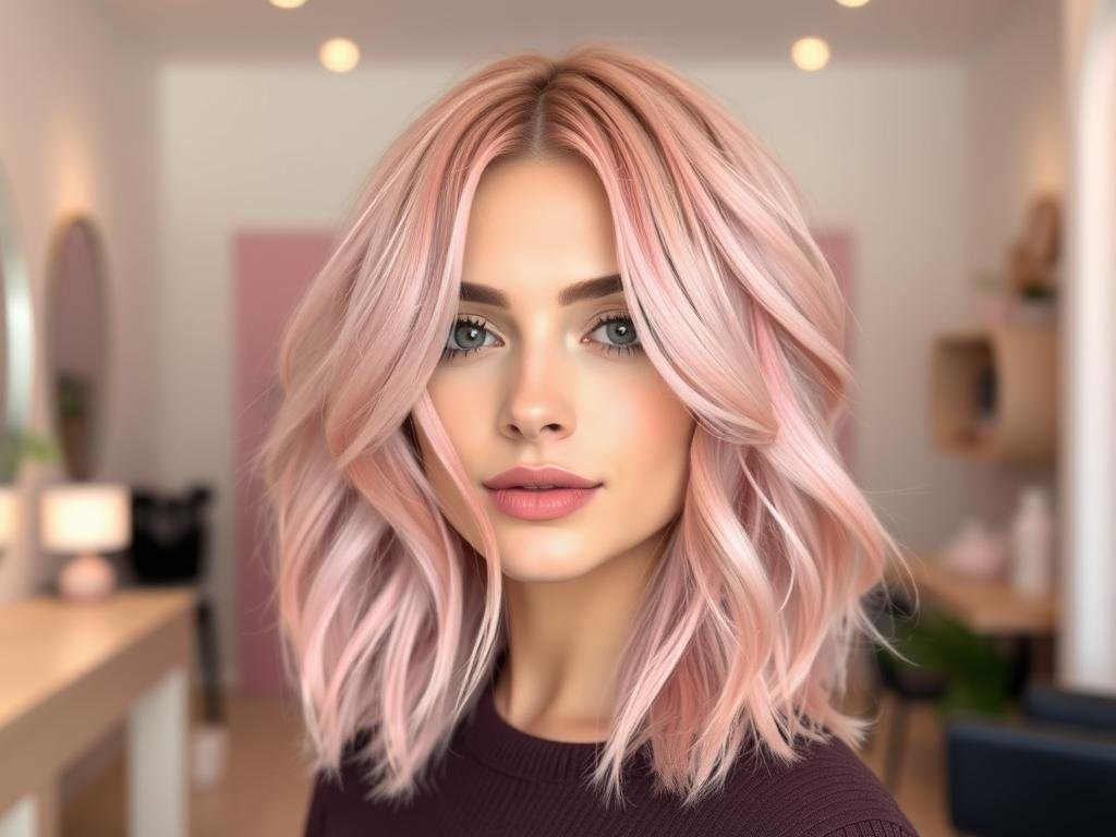 Woman with pastel pink hair showing soft rosy tones, a playful spring hair color trend