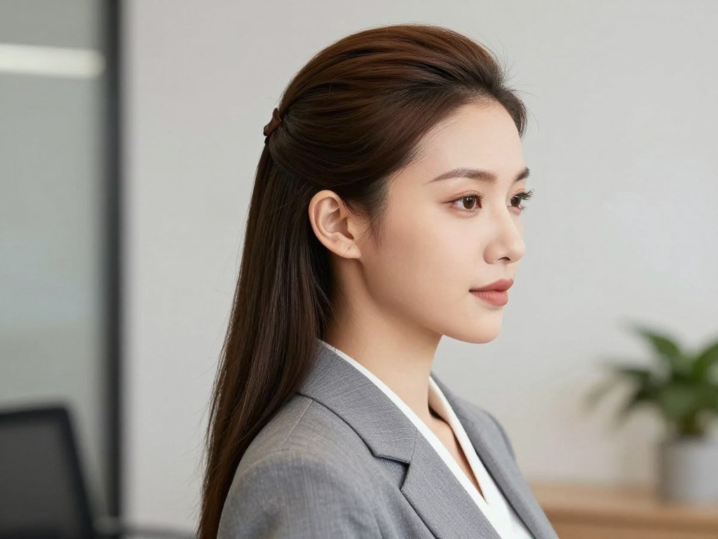Woman with polished half up style suitable for professional settings
