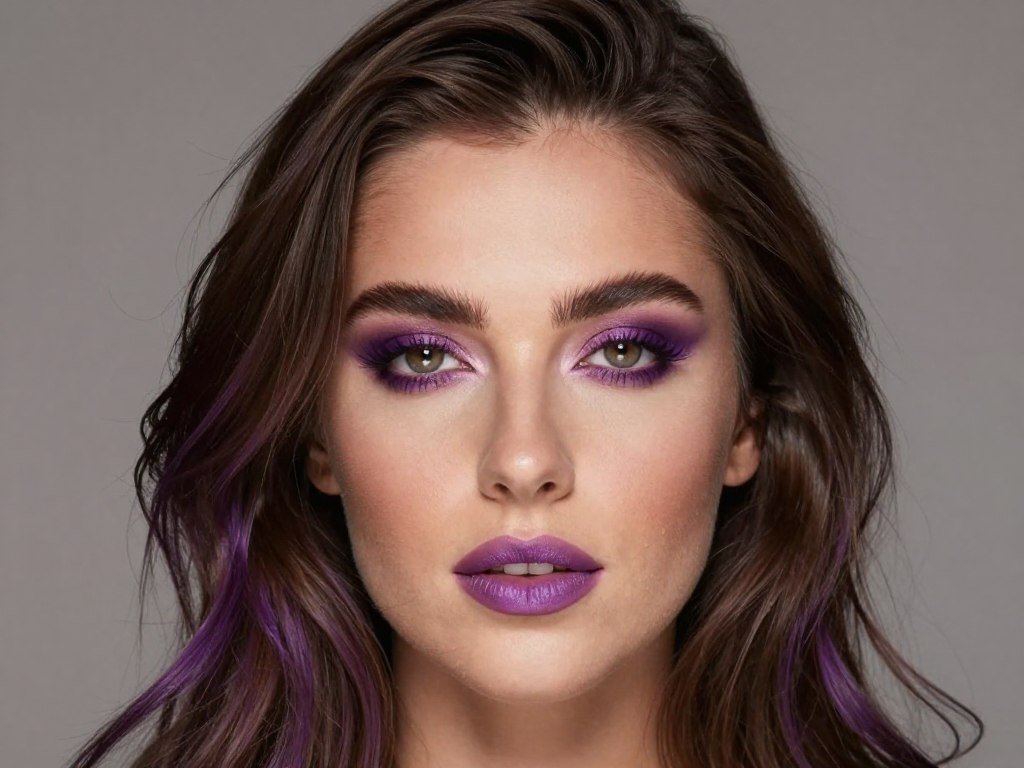 Woman with purple highlights in brown hair wearing complementary makeup tones