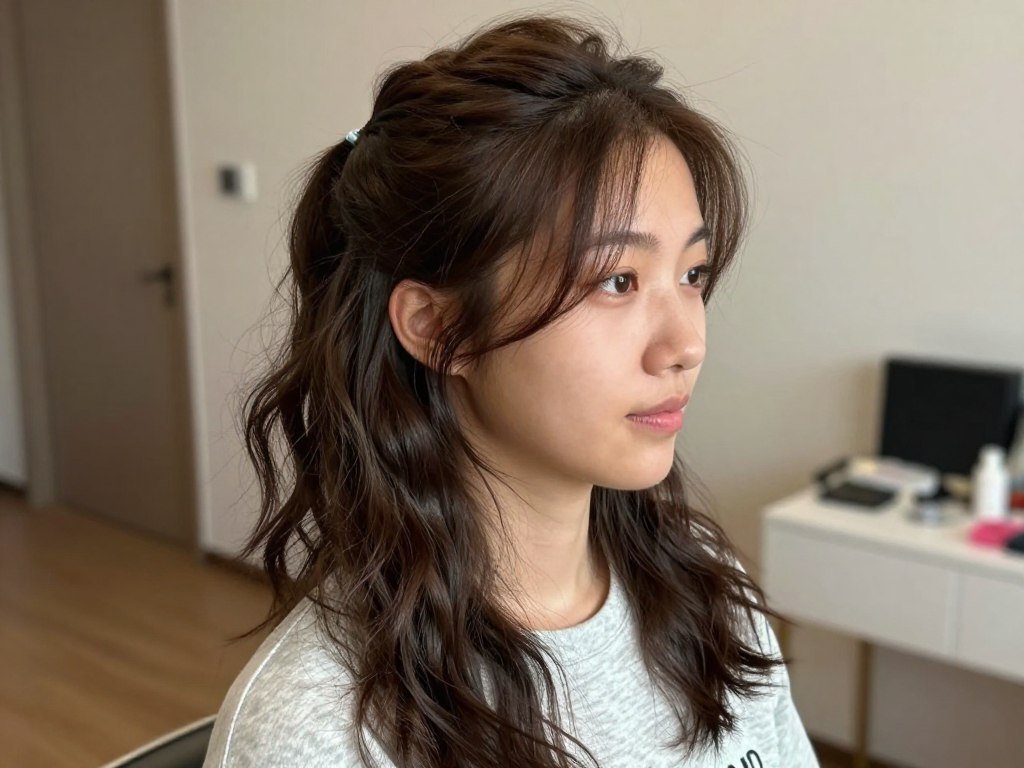 Woman with relaxed half up half down pigtails styled for everyday casual wear Woman with relaxed half up half down pigtails styled for everyday casual wear