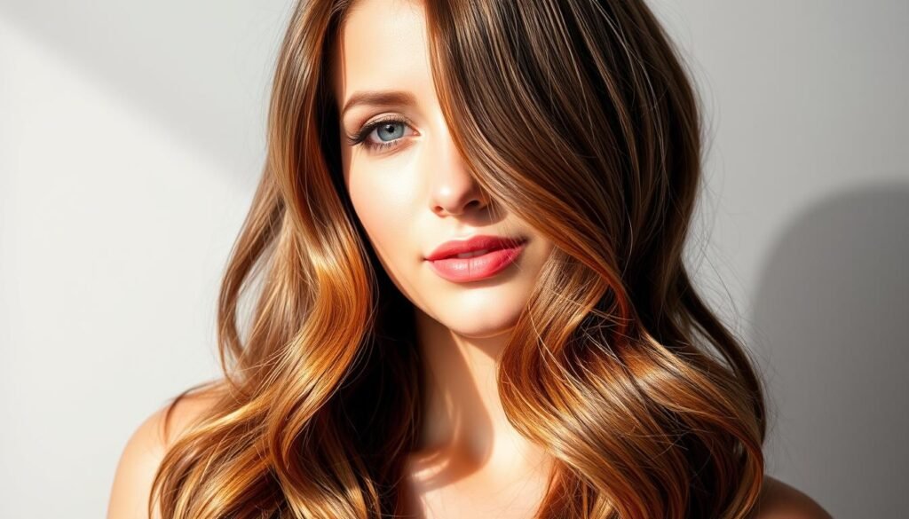 Woman with rich auburn hair color showing natural highlights in sunlight