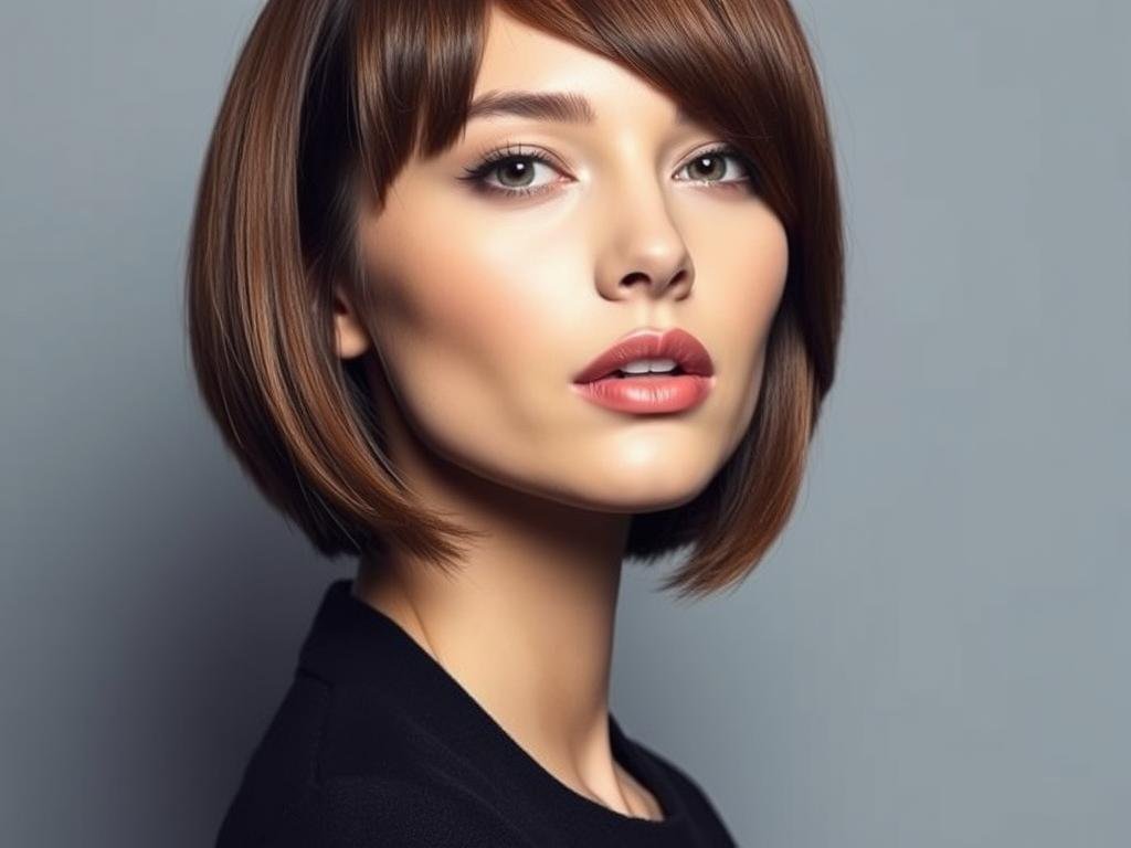 Woman with round face shape wearing a flattering asymmetrical lob Woman with round face shape wearing a flattering asymmetrical lob