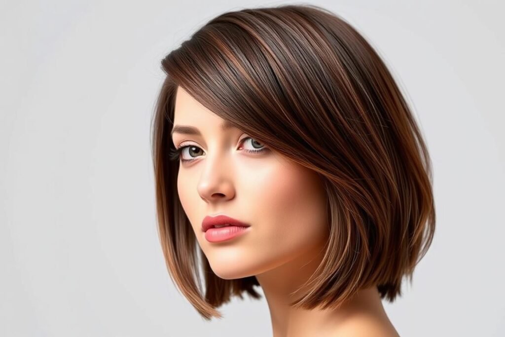 Woman with round face shape wearing an asymmetrical medium length haircut Woman with round face shape wearing an asymmetrical medium length haircut