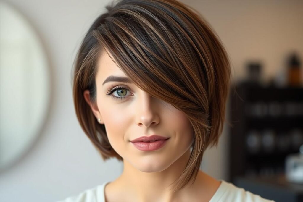 Woman with round face shape wearing flattering medium length layered haircut
