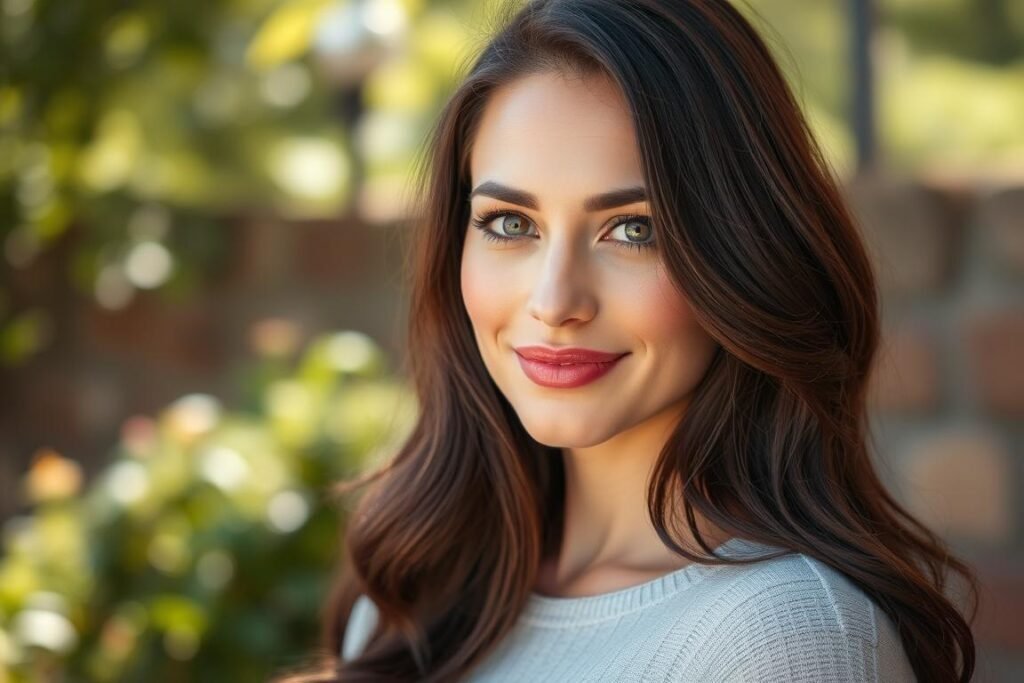 Woman with seasonal brunette hair color that complements her current skin tone Woman with seasonal brunette hair color that complements her current skin tone