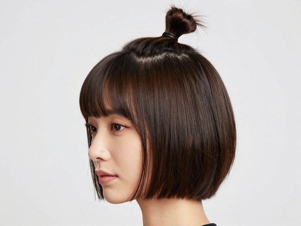 Woman with short bob hairstyle styled in a half up half down mini top knot Woman with short bob hairstyle styled in a half up half down mini top knot