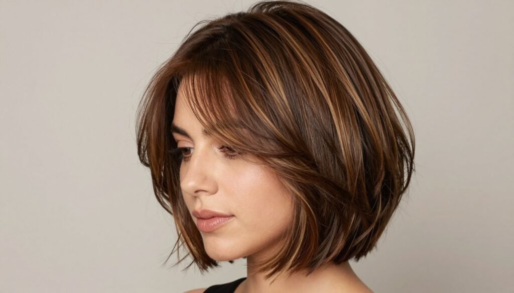 Woman with short brown hair with highlights showing dimension and texture