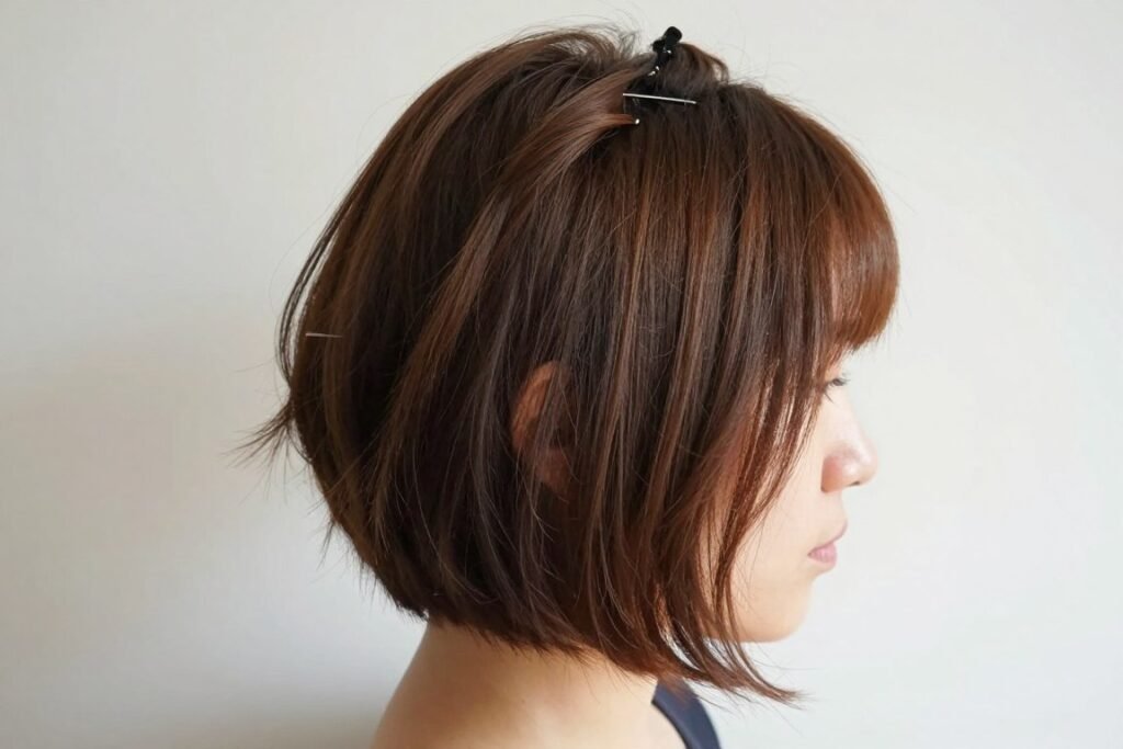 Woman with short hair in a half up half down style showing how this look works even with shorter lengths Woman with short hair in a half up half down style showing how this look works even with shorter lengths