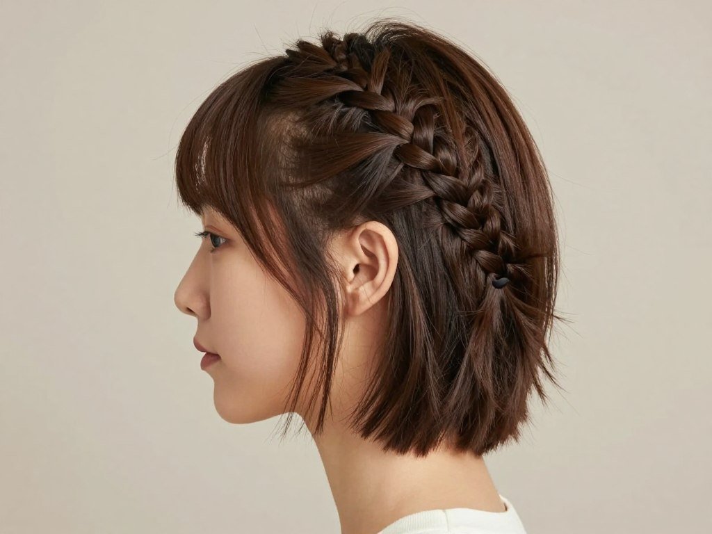 Woman with short hair styled in a half-up braided style showing small braids Woman with short hair styled in a half-up braided style showing small braids