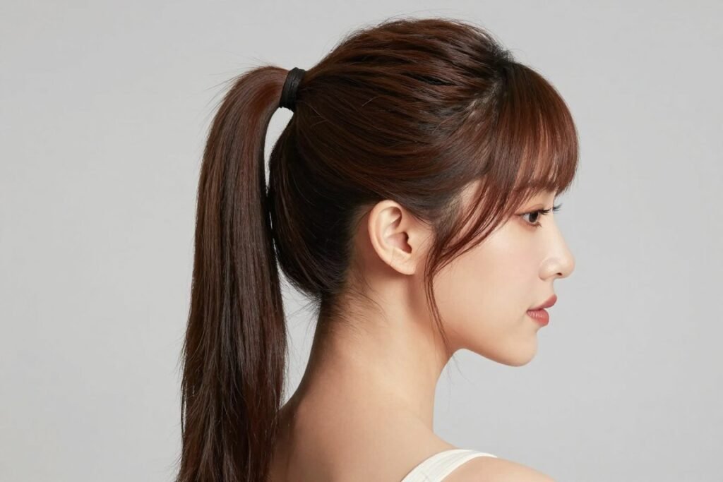 Woman with side-positioned half up ponytail showing asymmetrical placement