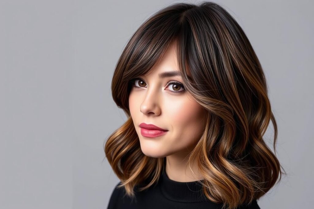 Woman with side-swept bangs and layered cute medium length haircut styled with soft waves