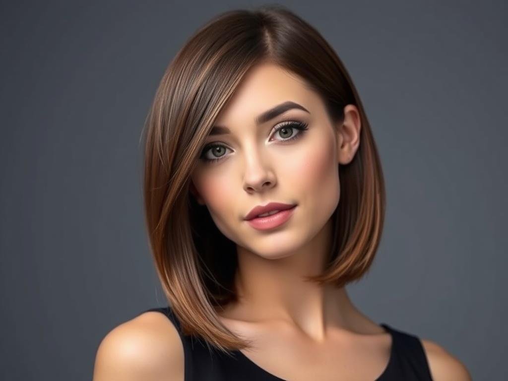 Woman with side-swept bangs and medium length bob Woman with side-swept bangs and medium length bob