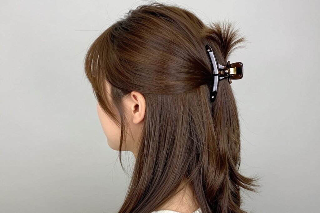 Woman with side-swept half up half down claw clip hairstyle Woman with side-swept half up half down claw clip hairstyle