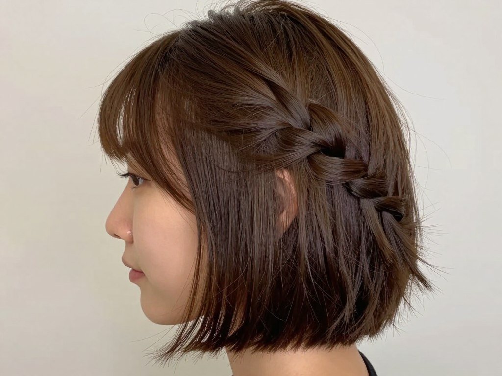 Woman with simple twisted half up half down short hair style Woman with simple twisted half up half down short hair style