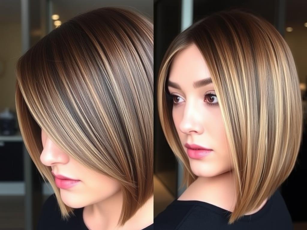 Woman with sleek A-line medium cut with precisely arched bangs