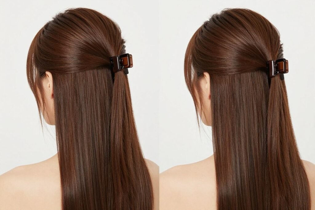 Woman with sleek half up half down claw clip hairstyle Woman with sleek half up half down claw clip hairstyle