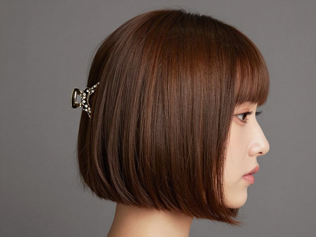 Woman with sleek half up style with decorative hair clip on short hair Woman with sleek half up style with decorative hair clip on short hair