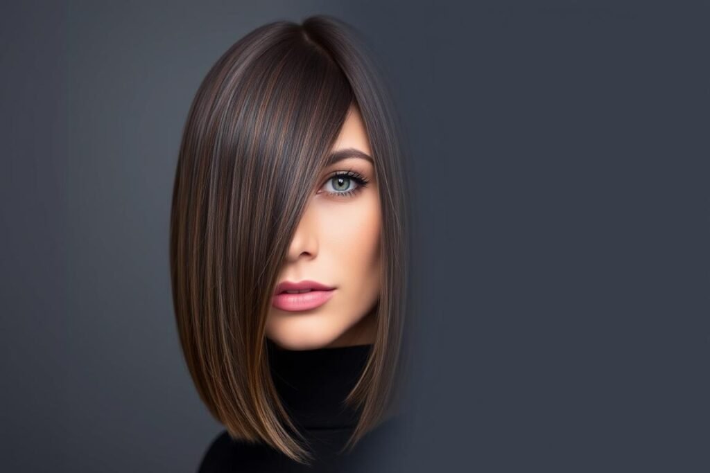 Woman with sleek straight style showing layers in medium length haircut